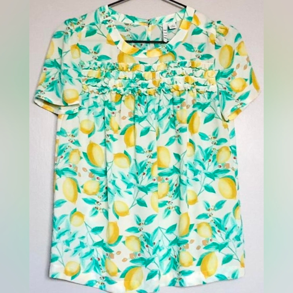 Ladies ELLE Lemon Print Blouse Novelty Print Sheer Ruffle Front Hook Eye Back L